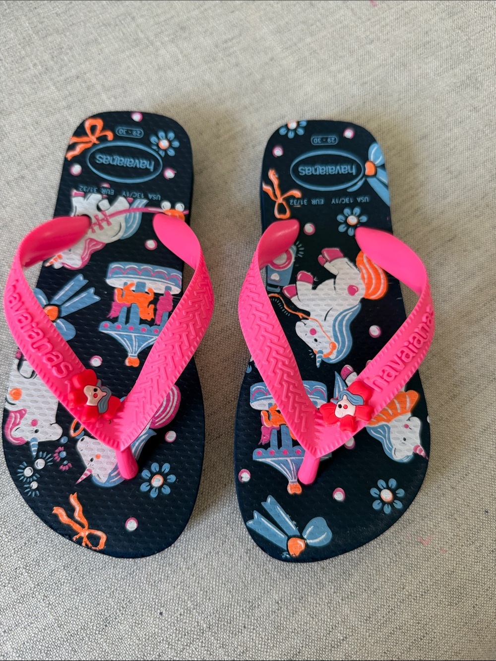 Havaianas Kids Black Flip Flops with Hot Pink Straps and Carousel Unicorn Print
